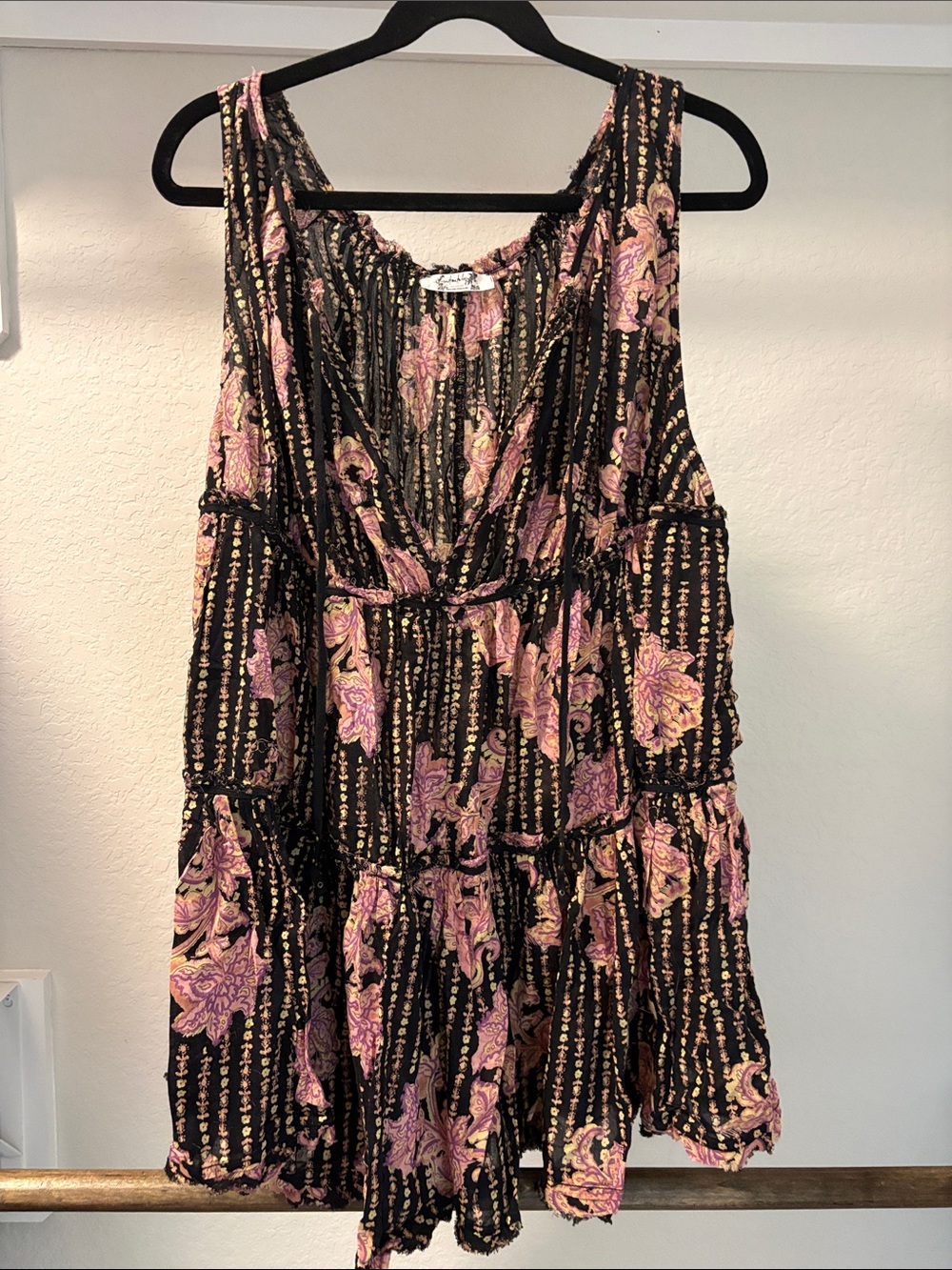 Free People Black and Pink Floral Tiered Mini Dress
